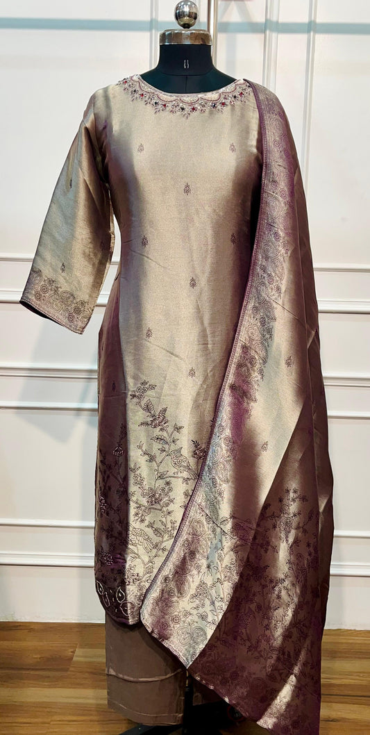 Pearl Mauve Tissue Embroidered Straight Suit Set (RT1422)