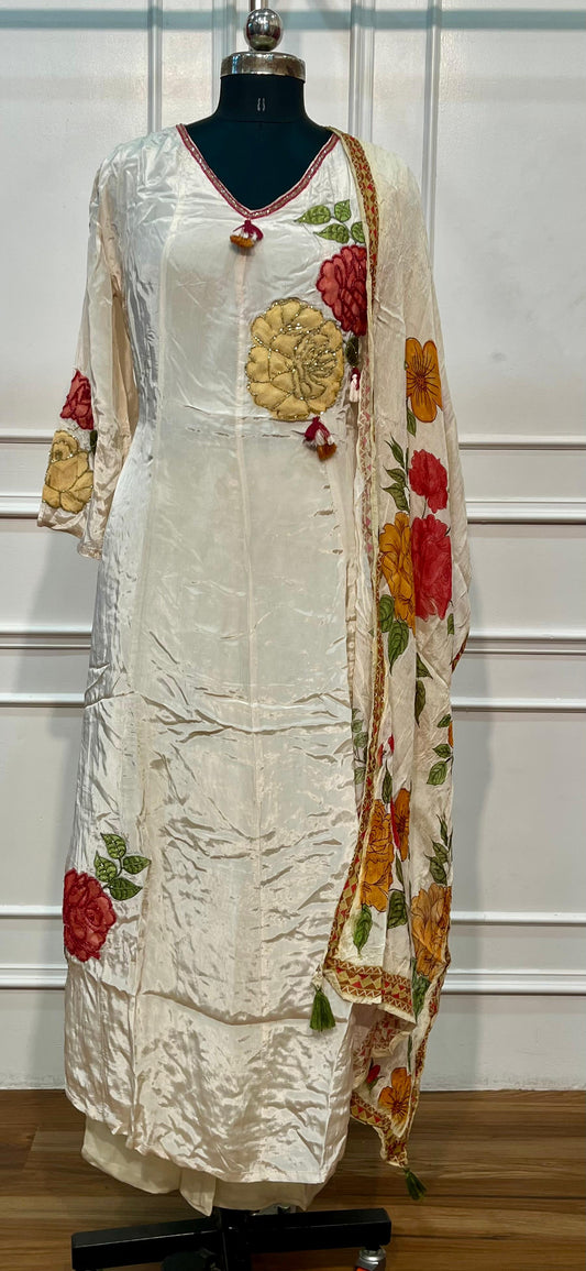 Ivory Floral Grace – A-Line Butter Crepe 3 Piece Suit Set (RT1429)