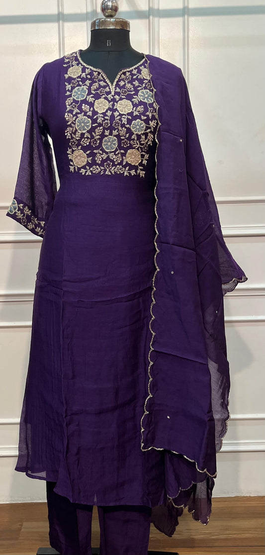 Royal Plum Premium Mull Chanderi Floral Embroidered Suit Set (RT1425)