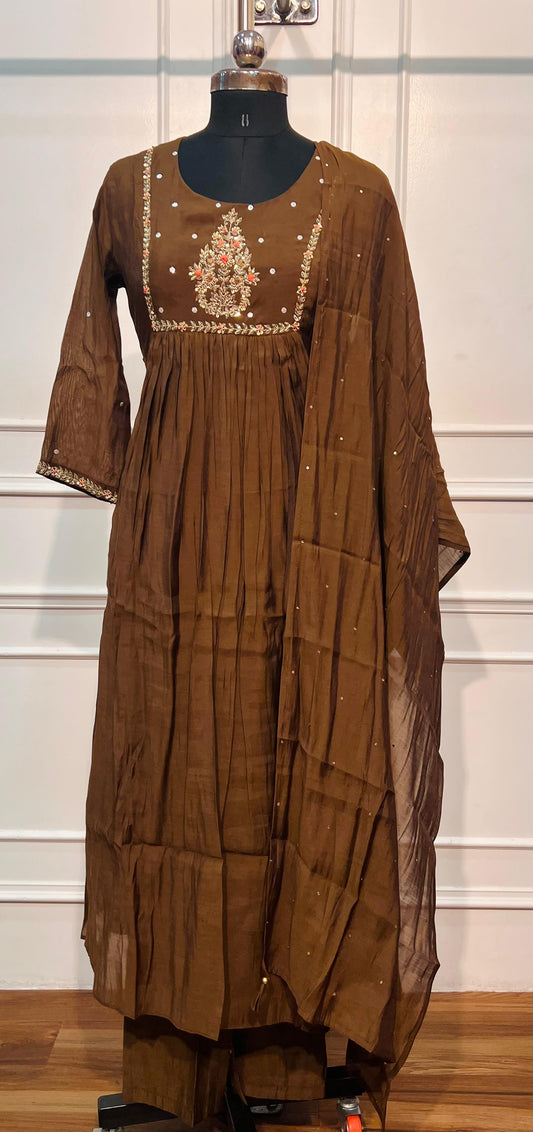 Chocolate Floral A-Line Mull Chanderi Set (RT1440)