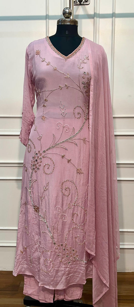 Dusty Pink Chinon A-Line Embroidered Suit Set (RT1449)