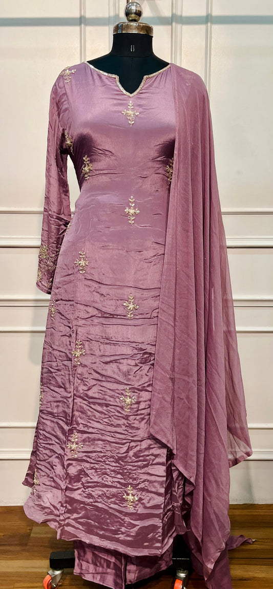 Mauve Embroidered Chinon A-Line Suit Set (RT1452)