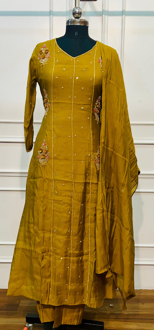 Golden Marigold Embroidered Mull Chanderi A-Line Set (RT1457)