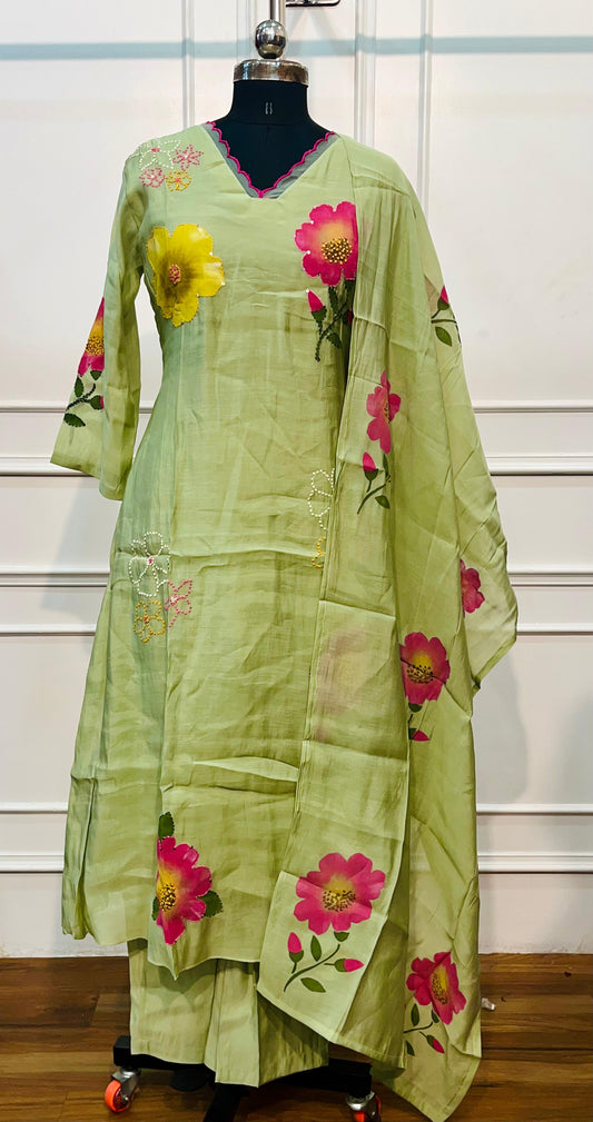 Pistachio Floral Mull Chanderi A-Line Set (RT1463)