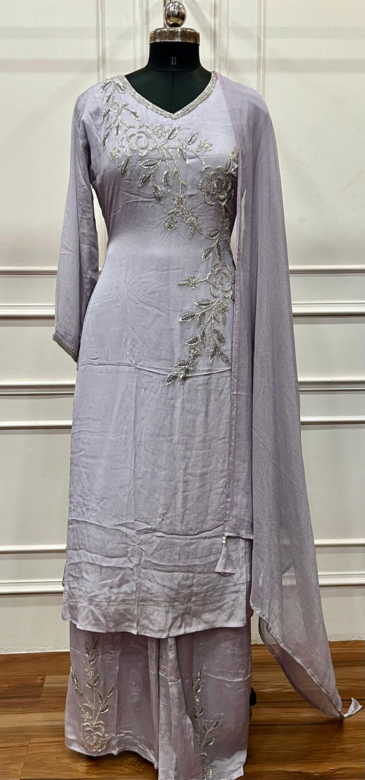 Lavender Silver Bloom Straight-Cut Suit Set (RT1471)