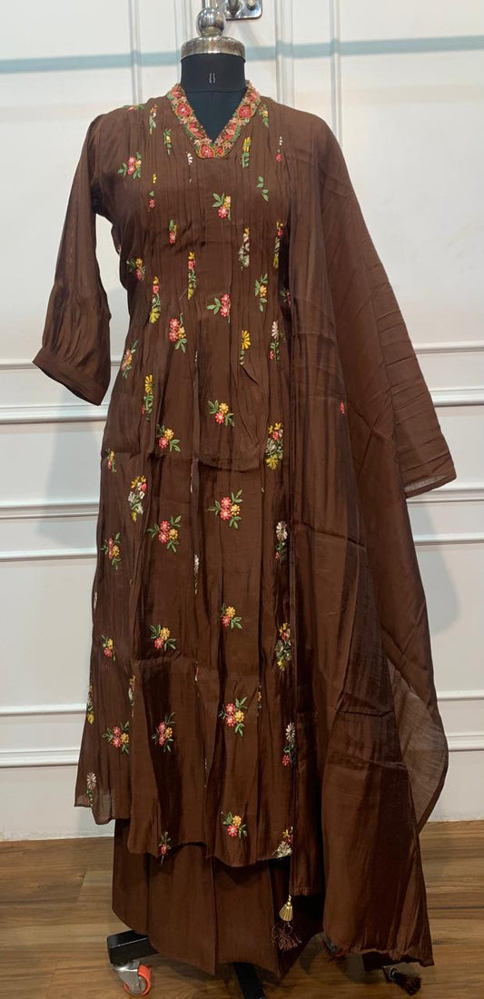 Chocolate Brown Floral A-Line Suit Set(RT1477)