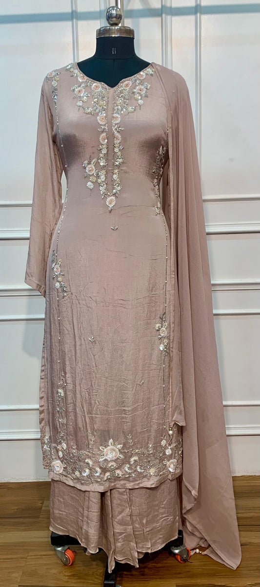 Dusty Rose Embroidered Chinon Straight-Cut Kurta & Sharara Set (RT1489)