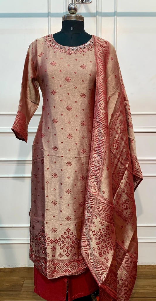 Beige & Maroon 3-Piece Straight Cut Suit (RT1503)