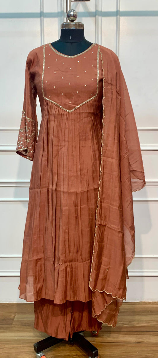 Terracotta Rust A-Line Embroidered Mull Chanderi Suit (RT1500)