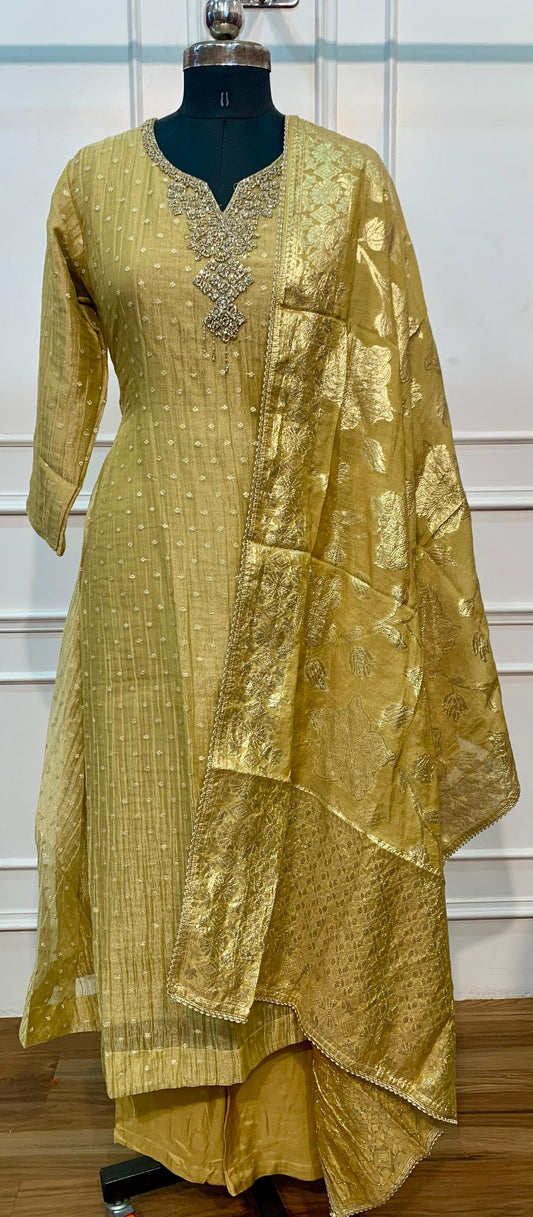 Golden Olive Floral Embellished A-Line Suit (RT1506)