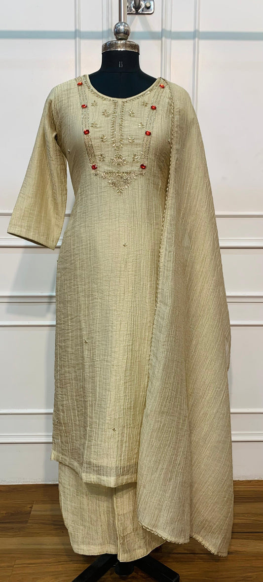 Champagne Beige Salsa Embroidered 3-Piece Straight-Cut Suit Set (RT1513)