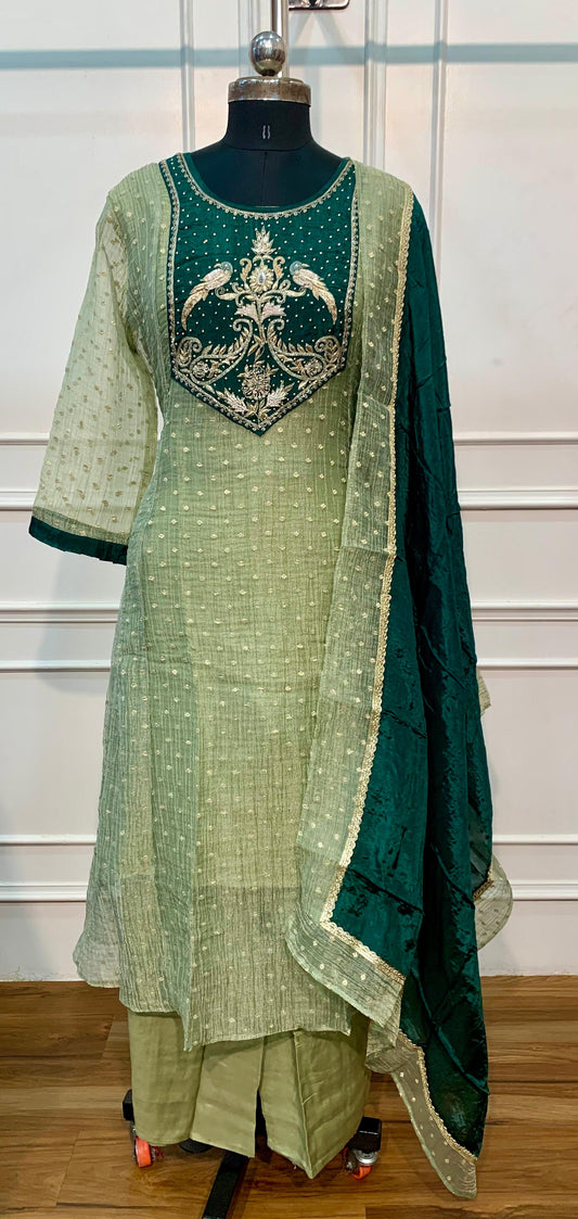 Green & Dark Green Embroidered Salsa A-Line Suit Set (RT1507)