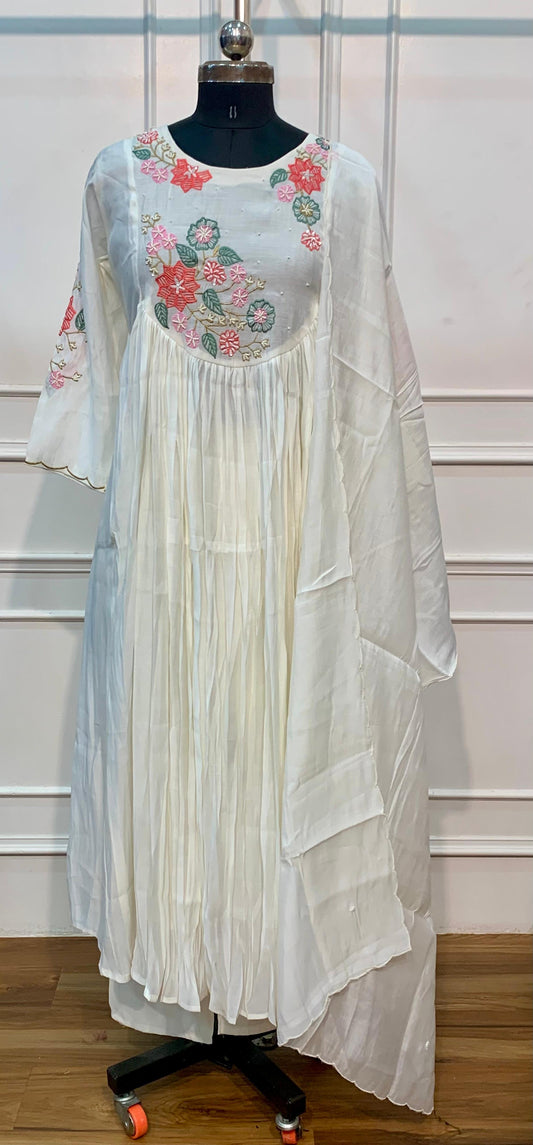Ivory Floral Embroidered A-Line Anarkali (RT1516)