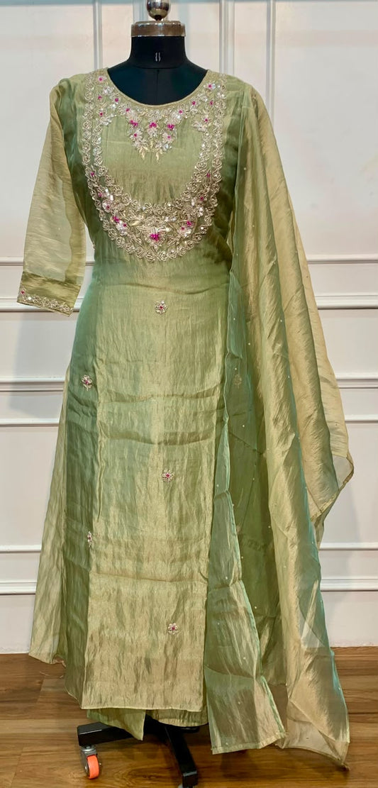 Sage Green Floral Embroidered Meraki A-Line Suit Set with Dupatta (RT1524)