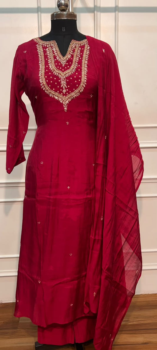 Ruby Red Embroidered Mull Chanderi A-Line Suit Set (RT1538)