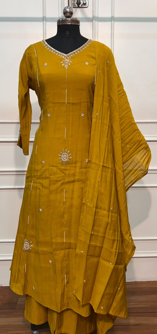 Golden Mustard Charm Mull Chanderi Embroidered 3-Piece Suit Set (RT1541)