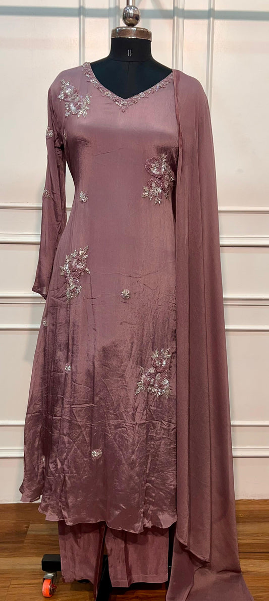 Soft Mauve Lavender Chinon Embroidered Suit Set (RT1549)