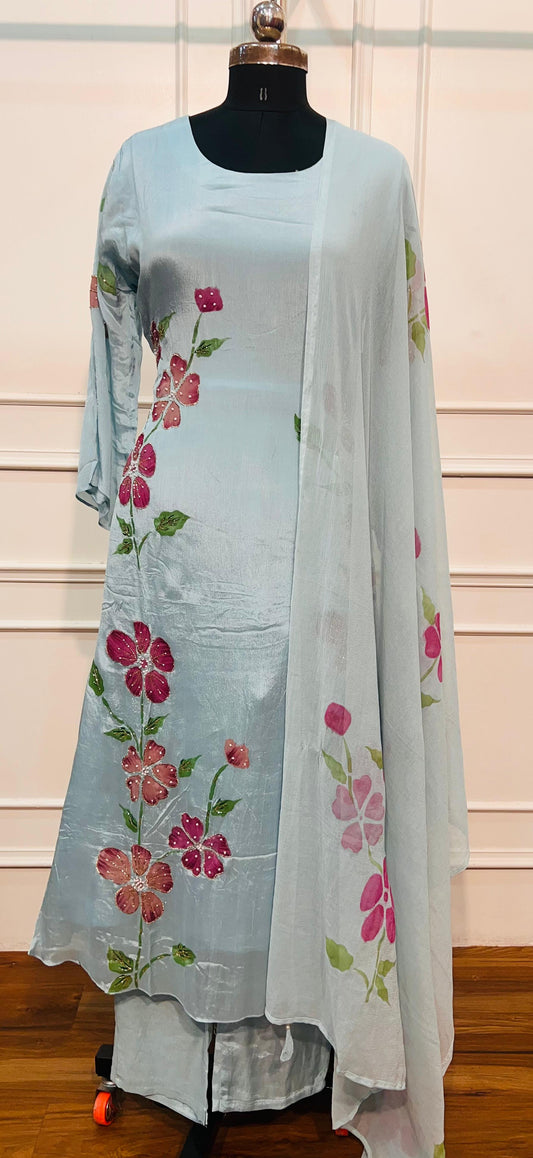Pastel Blue Floral Chinon A-Line 3 Piece Suit Set (RT1547)