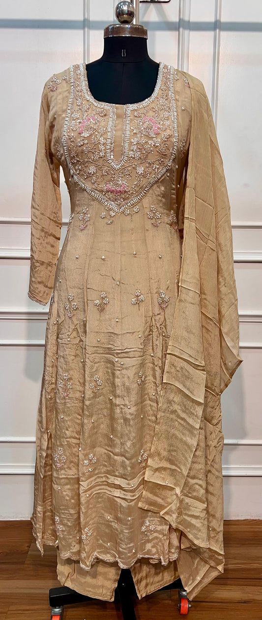 Beige Embroidered Chinon Anarkali 3 Piece Suit Set (RT1551)