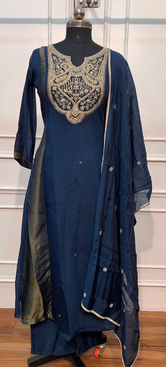 Midnight Navy Royale Mull Chanderi A-Line Embroidered Suit Set (RT1553)