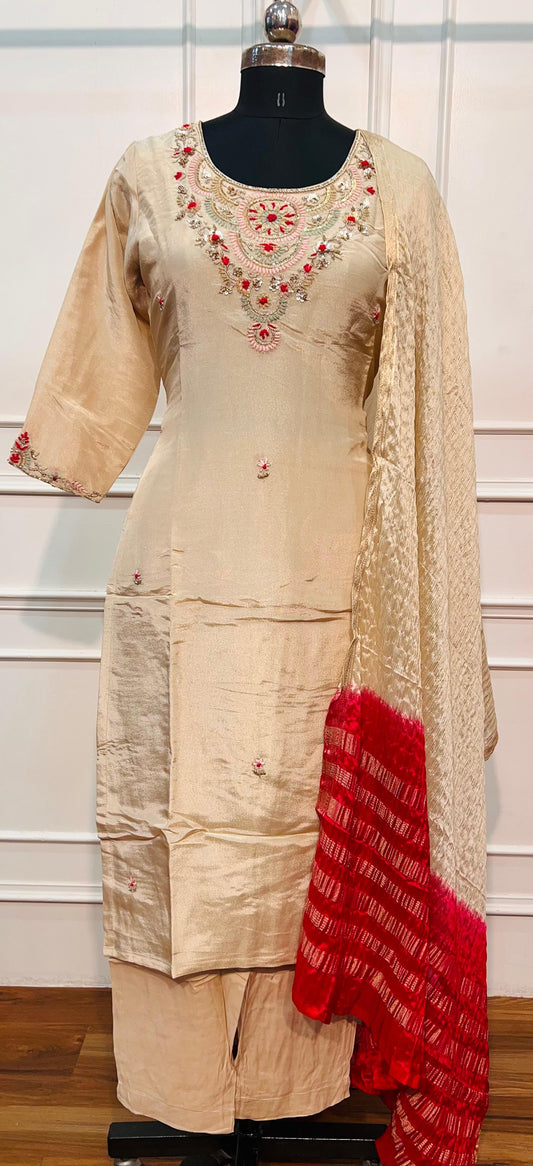 Ivory Beige Shimmer Embroidered Straight Suit Set (RT1560)