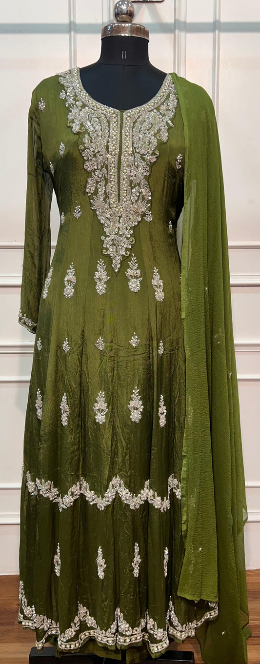 Olive Green Regal Chinon Anarkali Set (RT1562)