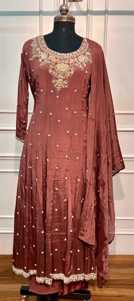 Mocha Royale Chinon Embroidered Anarkali Set (RT1564)
