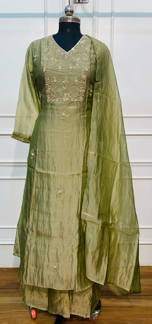 Elegant Sage Green Floral Embroidered A-Line 3-Piece Suit Set (RT1569)