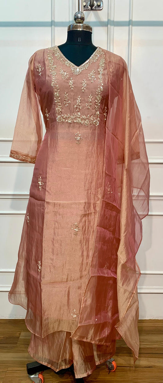 Pastel Rose Floral Embroidered A-Line 3-Piece Suit Set (RT1570)