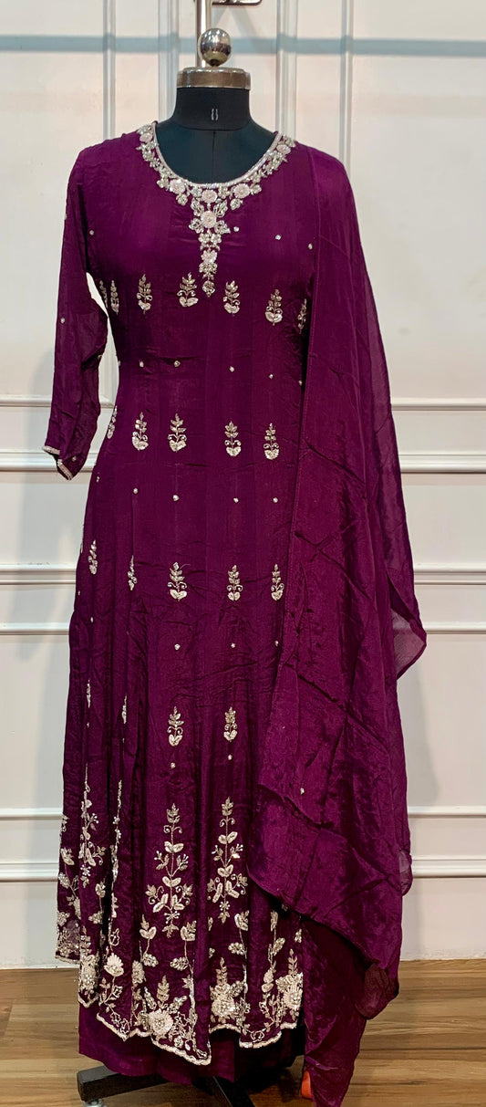 Wine Plum Floral Embroidered Chinon Anarkali Suit Set (RT1590)