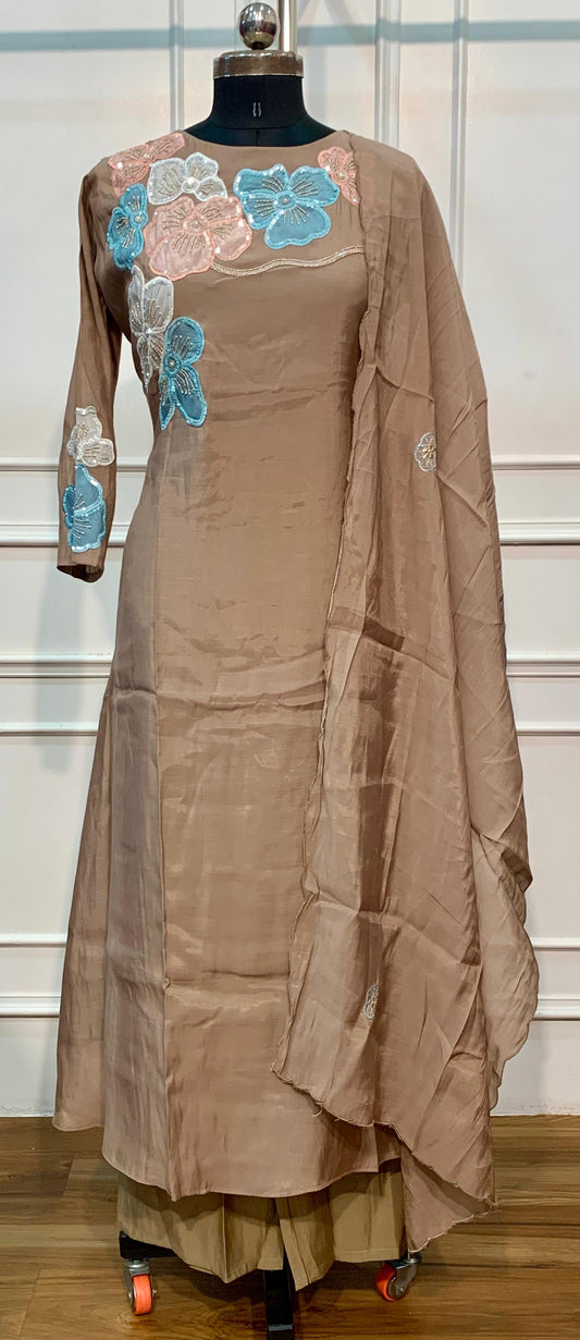 Taupe Floral Embroidered Mull Chanderi Suit Set (RT1594)