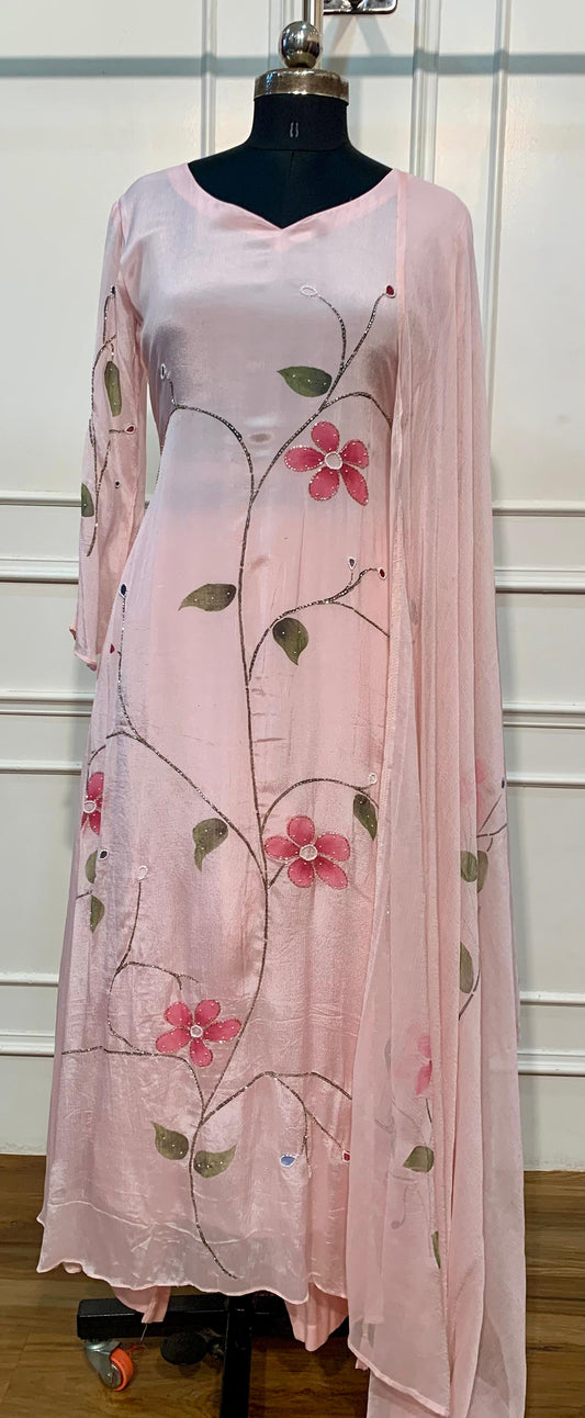 Pink Floral Embroidered A-Line Suit Set (RT1613)