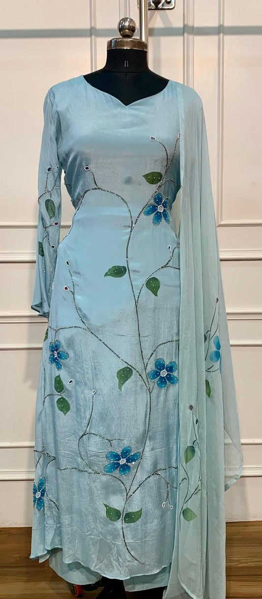 Sky Blue Blossom Embroidered A-Line Suit Set (RT1612)