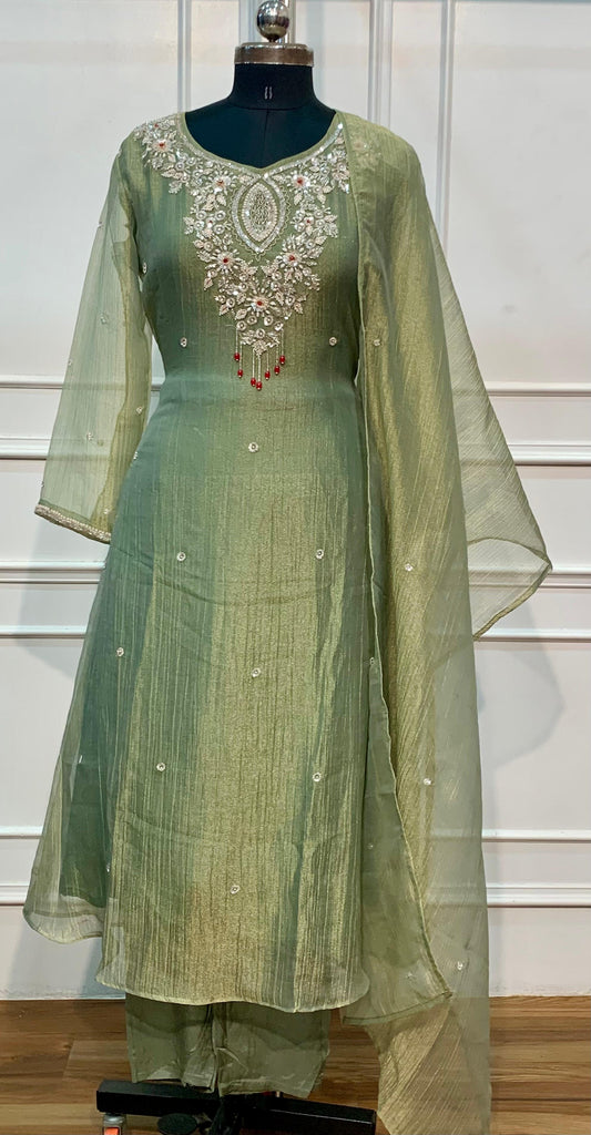 Sage Green Floral Embroidered A-Line Suit (RT1619)