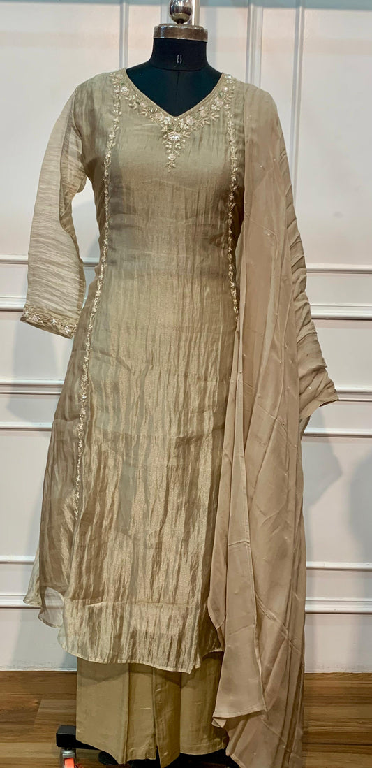 Elegant Sage Beige Embroidered Salsa A-Line Suit Set (RT1627)