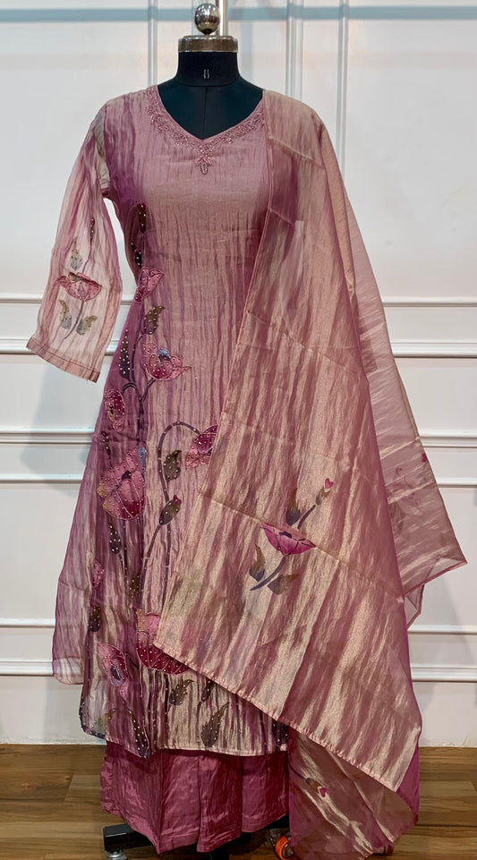 Dusty Rose Floral Embellished Salsa A-Line Suit Set with Dupatta (RT1637)