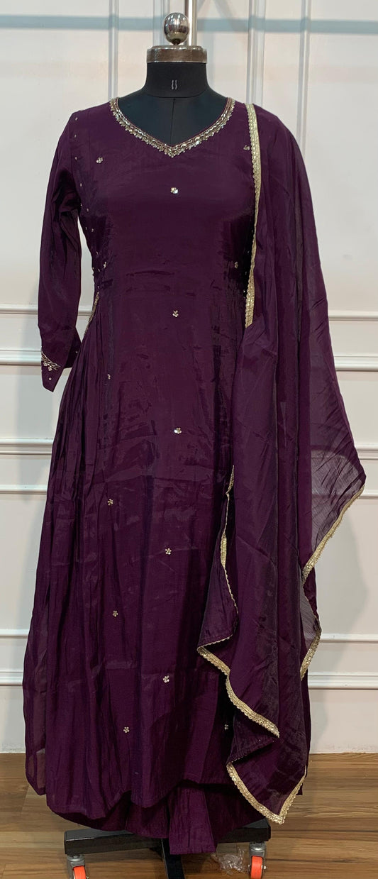 Plum Majesty Mull Chanderi A-Line Suit Set (RT1632)