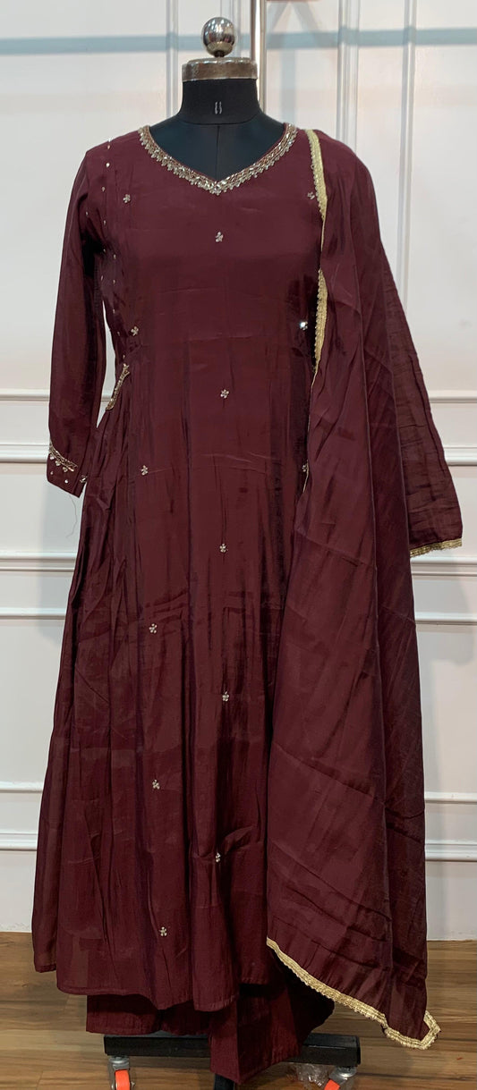 Burgundy Grace Mull Chanderi A-Line Suit Set (RT1635)