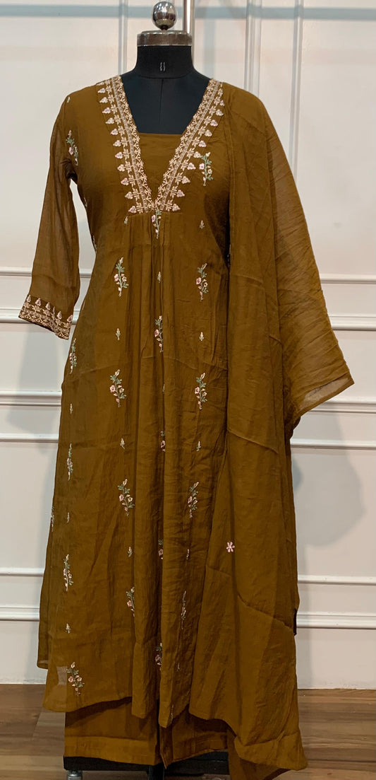 Olive Brown Floral Embroidered Coral Silk A-Line Suit Set (RT1639)