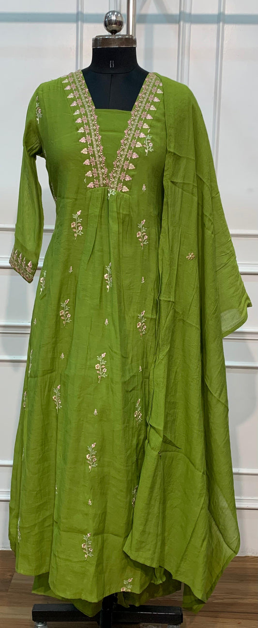 Lime Green Floral Embroidered Coral Silk A-Line Suit Set (RT1638)