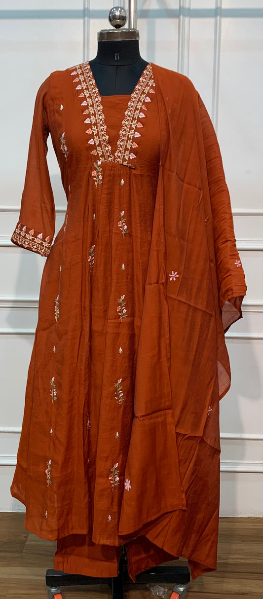 Rust Orange Floral Embroidered Coral Silk A-Line Suit Set (RT1640)