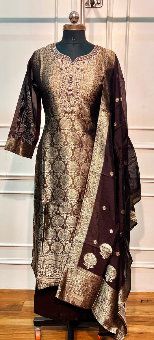 Royal Maroon Grace – Benaras 3 Piece Straight Cut Suit Set (RT1642)