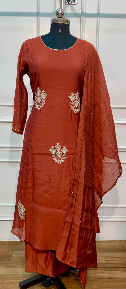 Rust Radiance – Premium Mull Chanderi A-Line 3 Piece Suit Set (RT1655)
