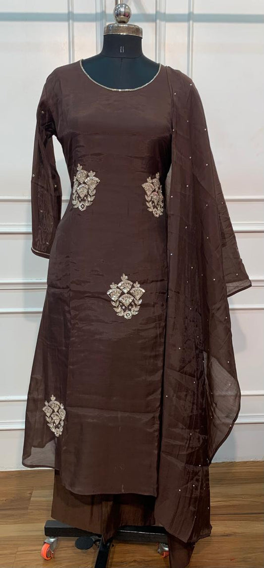 Chocolate Charm – Premium Mull Chanderi A-Line 3 Piece Suit Set (RT1654)