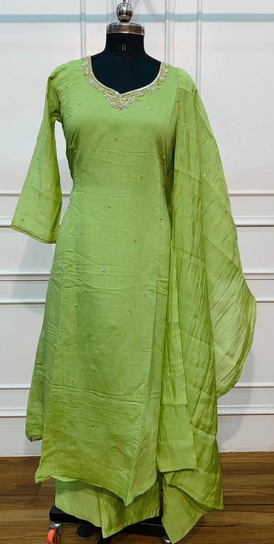 Lime Green Mull Chanderi Embroidered A-Line Suit Set (RT1662)