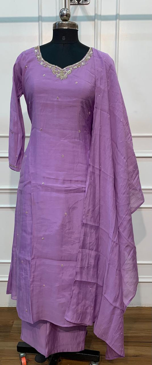 Lavender Elegance Mull Chanderi Embroidered A-Line Suit Set (RT1661)