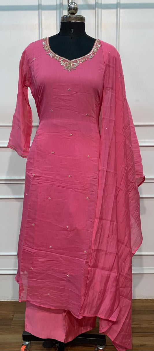 Pink Radiance Mull Chanderi Embroidered A-Line Suit Set (RT1663)
