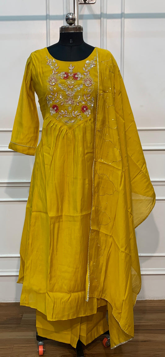 Mustard Yellow Floral Embroidered Mull Chanderi A-Line Suit Set (RT1673)