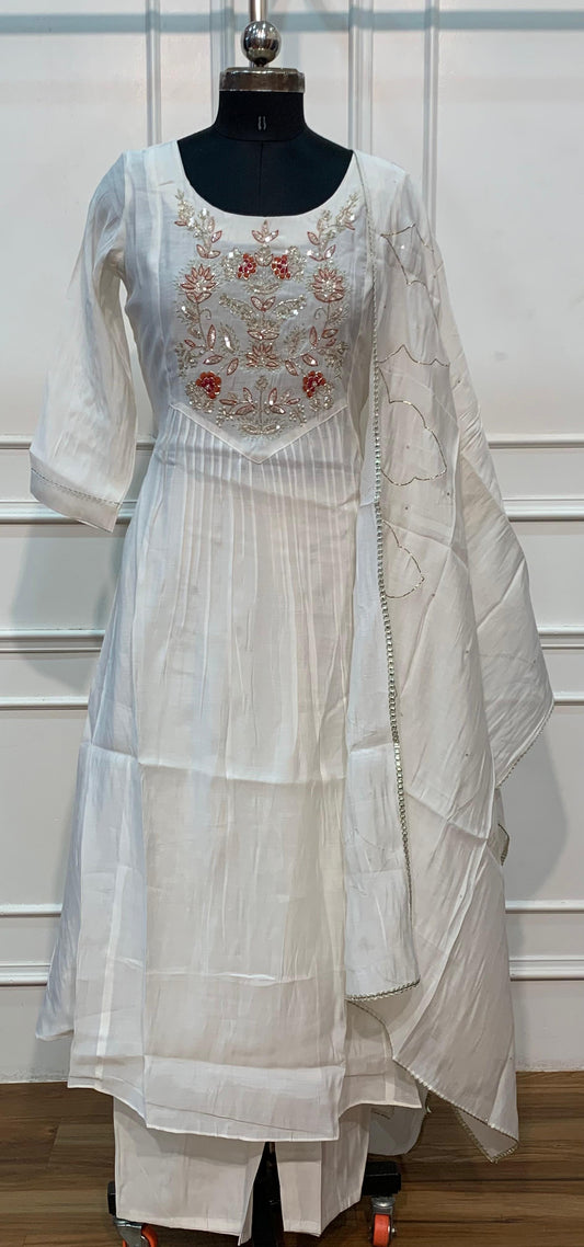 Ivory White Floral Embroidered Mull Chanderi A-Line Suit Set (RT1672)
