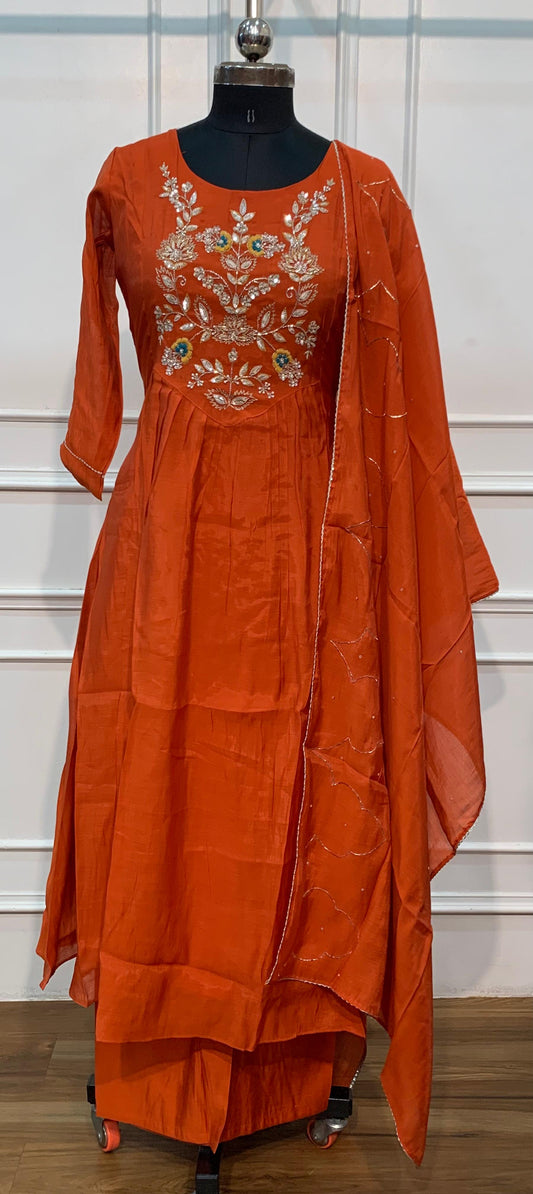Rust Orange Floral Embroidered Mull Chanderi A-Line Suit Set (RT1671)